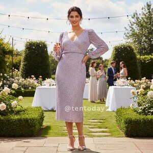 Mac Duggal 10764 Size 14 Light Purple Lavender Long Sleeve Sequined Midi Dress